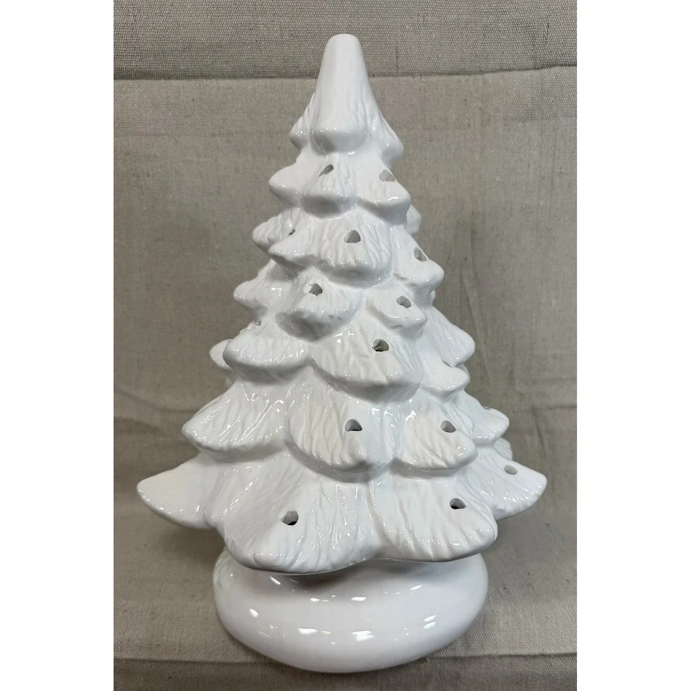 White Ceramic Lighted Christmas Tree 12 Inch Tabletop Holiday Decor Glossy Glaze